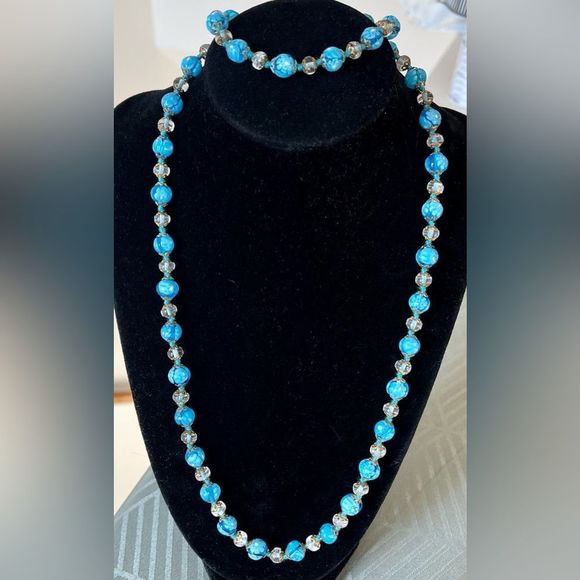 Millefiori glass blue/white necklace + bracelet set - Picture 1 of 11